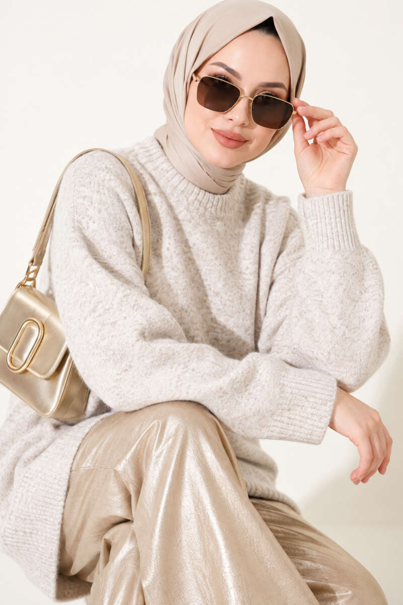 Ribbed Drop-Shoulder Knit Tunic - Stone