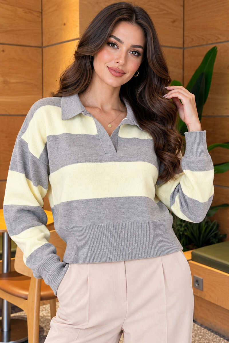 Ribbed Horizontal-Stripe Knit Sweater - Grey