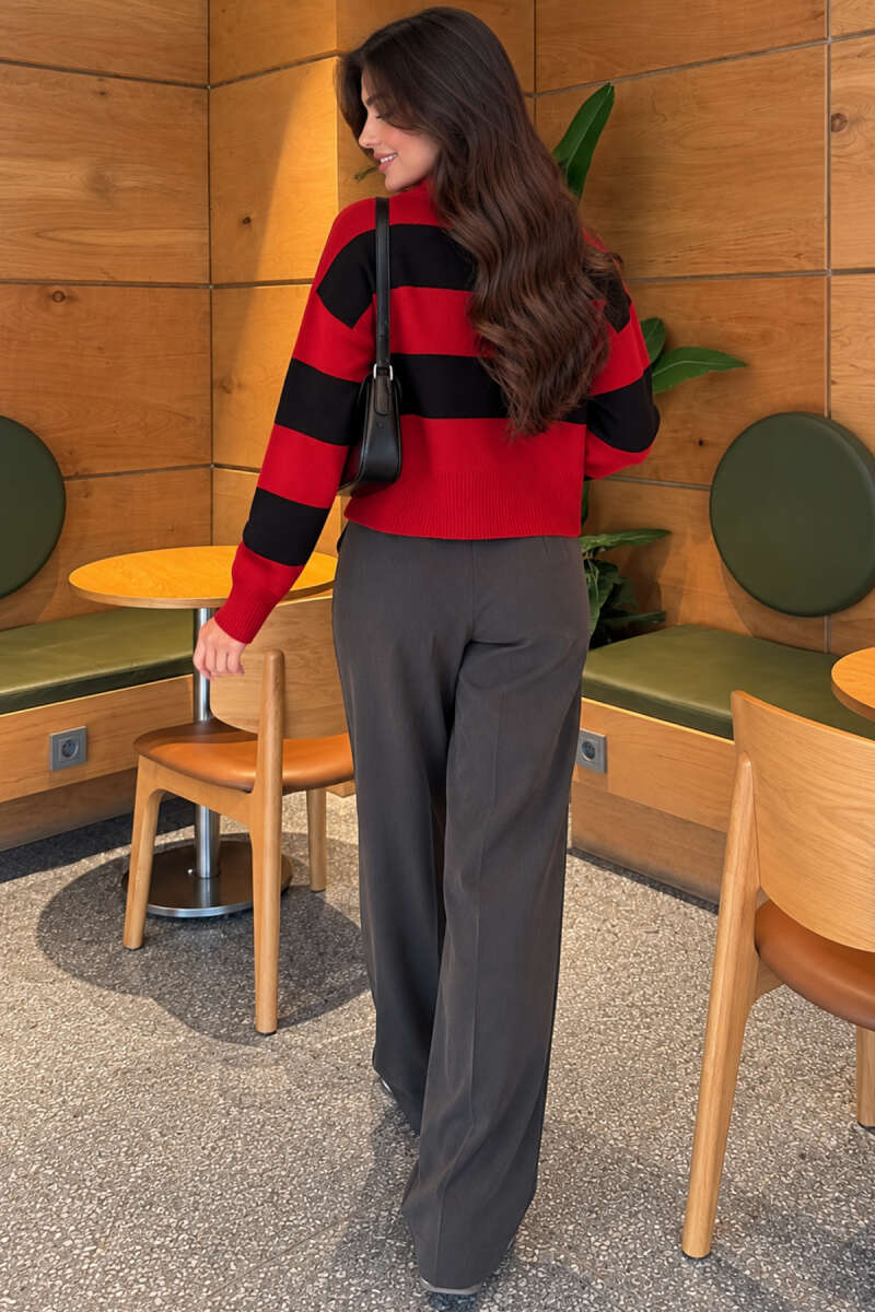 Ribbed Horizontal-Stripe Knit Sweater - Red