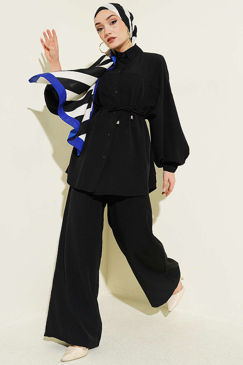 Robe-Style Two-Piece Set with Tie Belt - Black