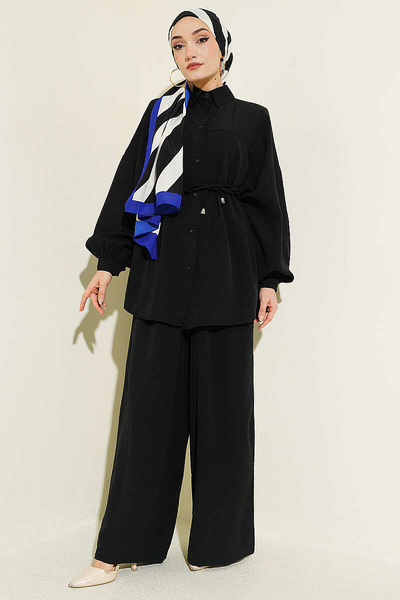 Robe-Style Two-Piece Set with Tie Belt - Black