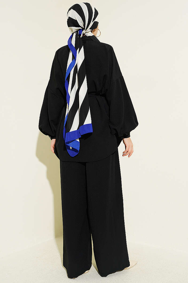 Robe-Style Two-Piece Set with Tie Belt - Black