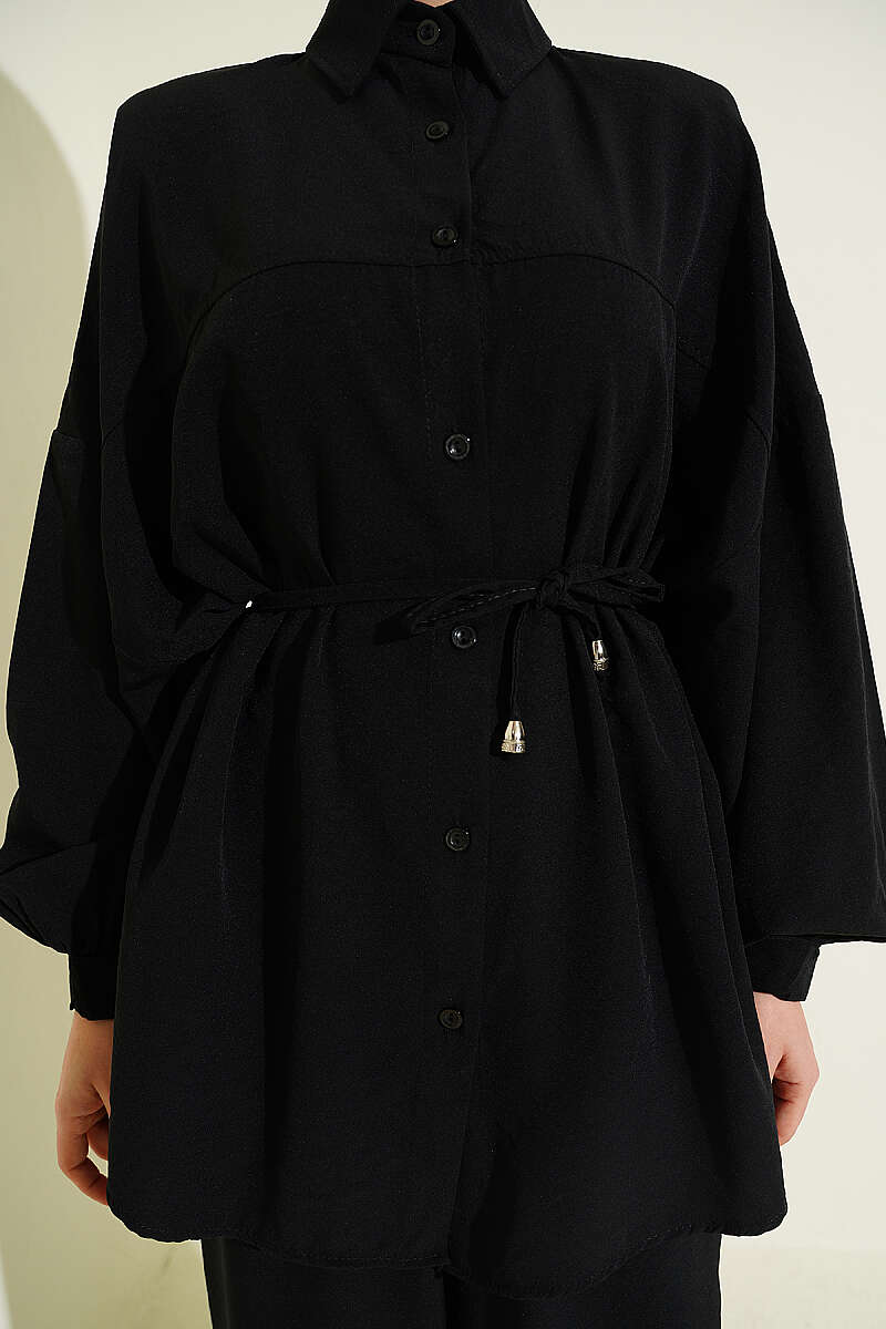 Robe-Style Two-Piece Set with Tie Belt - Black