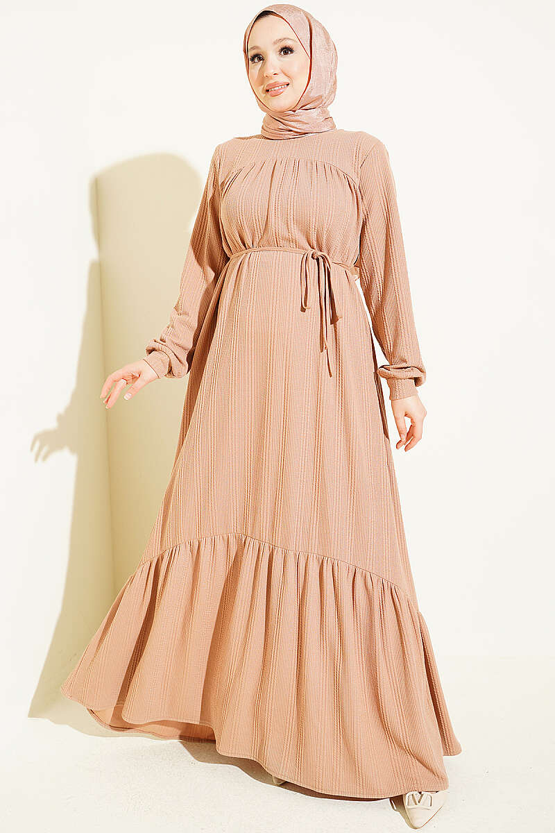 Self-Pattern Dress with Robe Detail - Latte