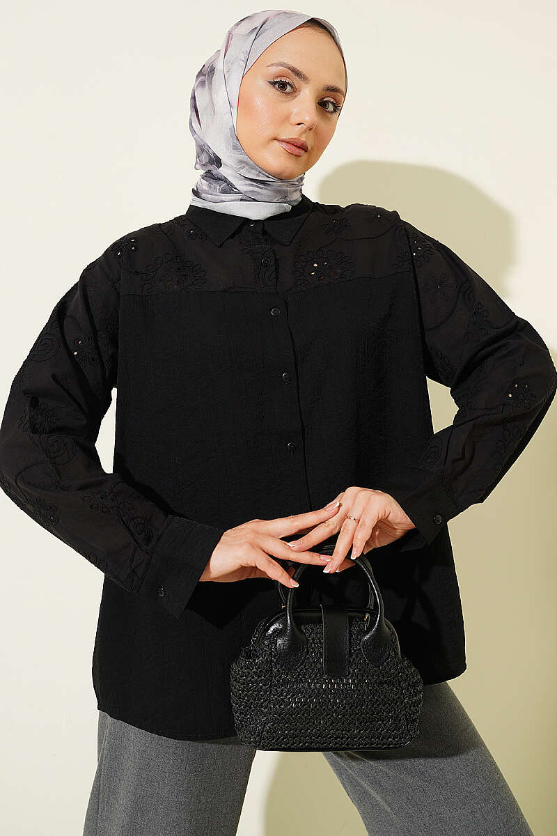 Shirt with Yoke and Embroidered Sleeves - Black