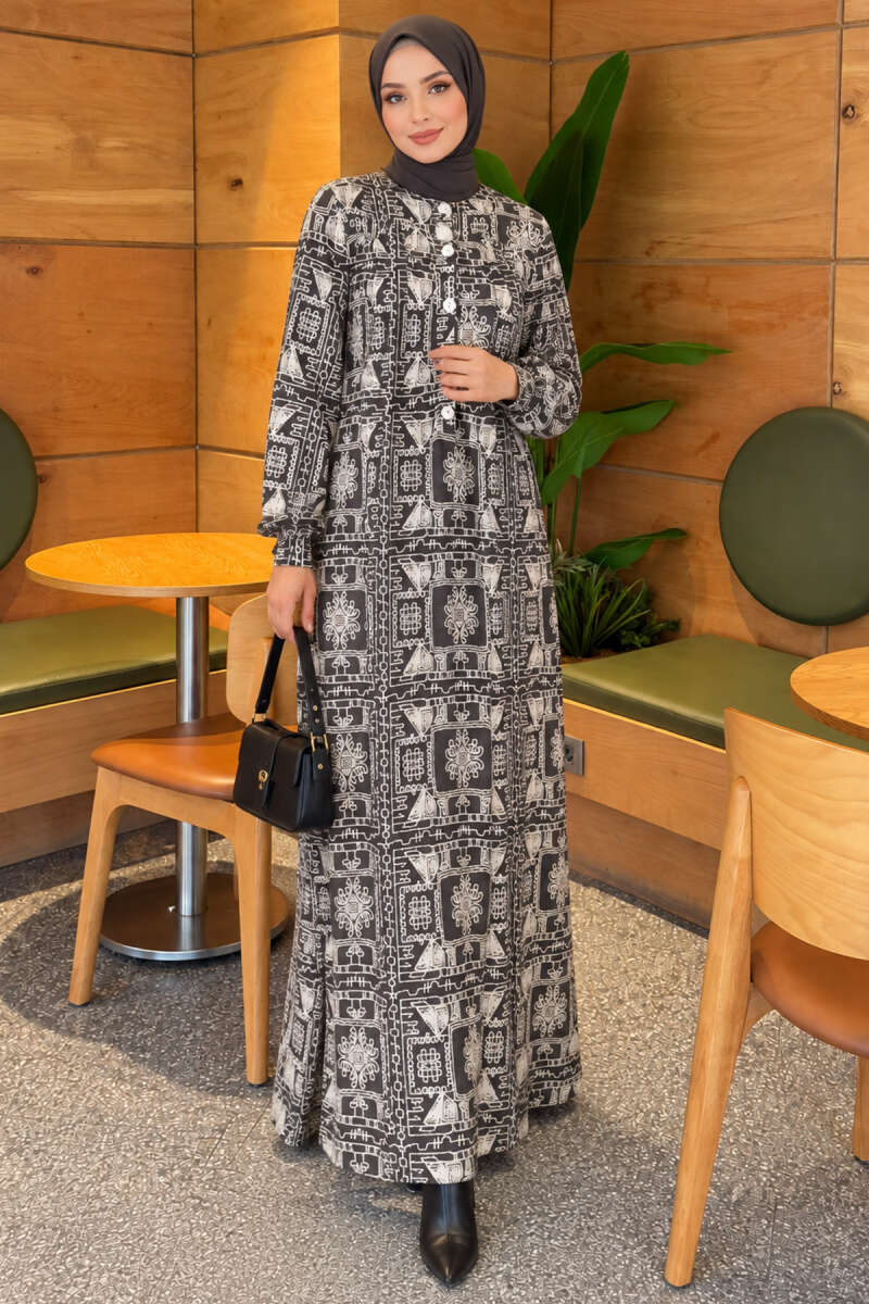 Half-Button Dress with Robe Detail - Smoke Grey