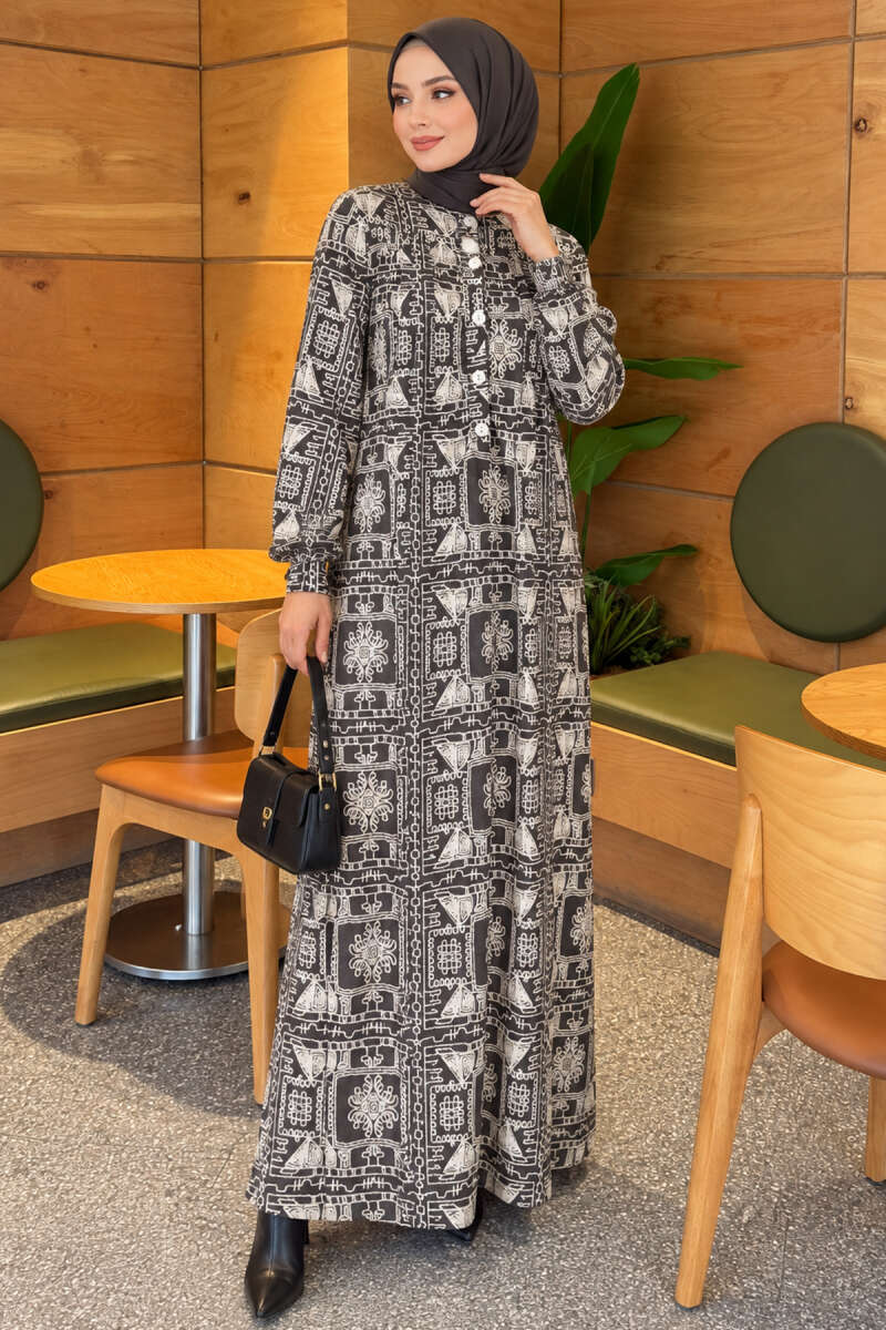 Half-Button Dress with Robe Detail - Smoke Grey