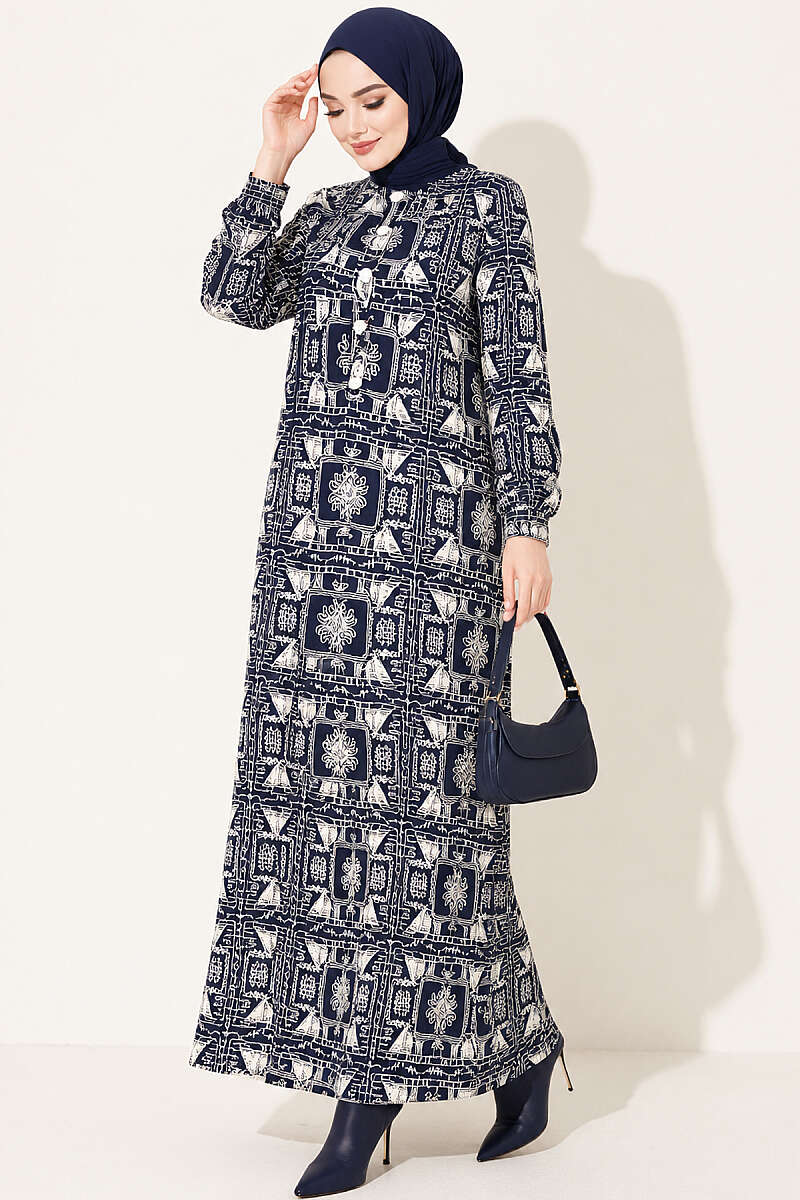 Half-Button Dress with Robe Detail - Navy