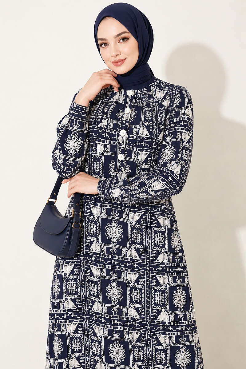 Half-Button Dress with Robe Detail - Navy