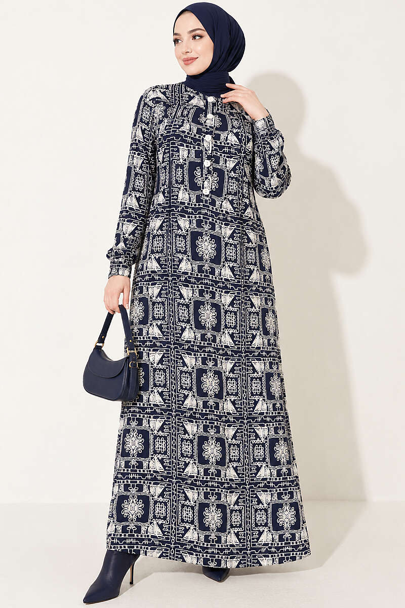 Half-Button Dress with Robe Detail - Navy