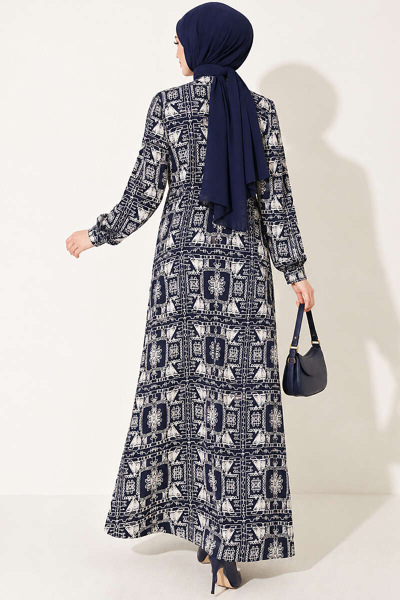 Half-Button Dress with Robe Detail - Navy