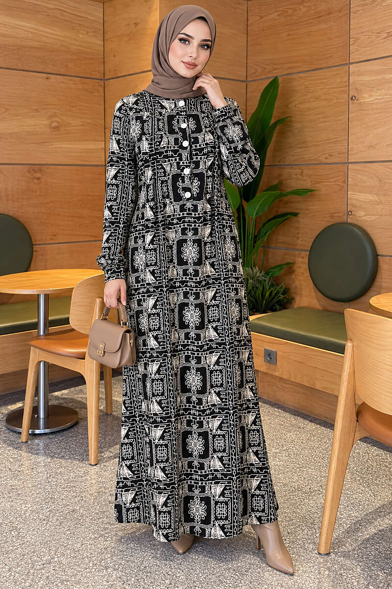 Half-Button Dress with Robe Detail - Black
