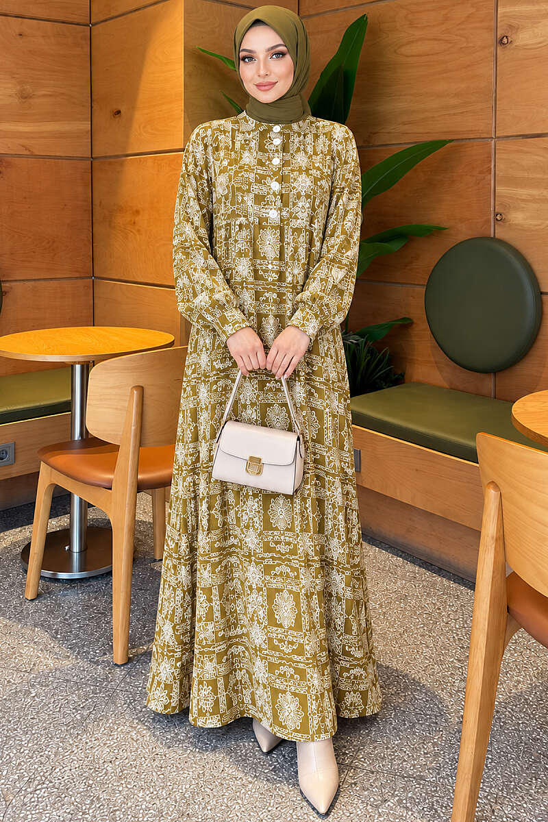 Half-Button Dress with Robe Detail - Olive