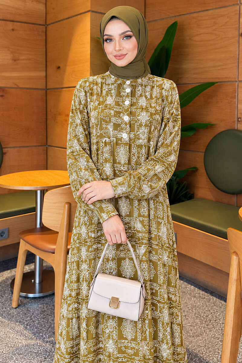 Half-Button Dress with Robe Detail - Olive