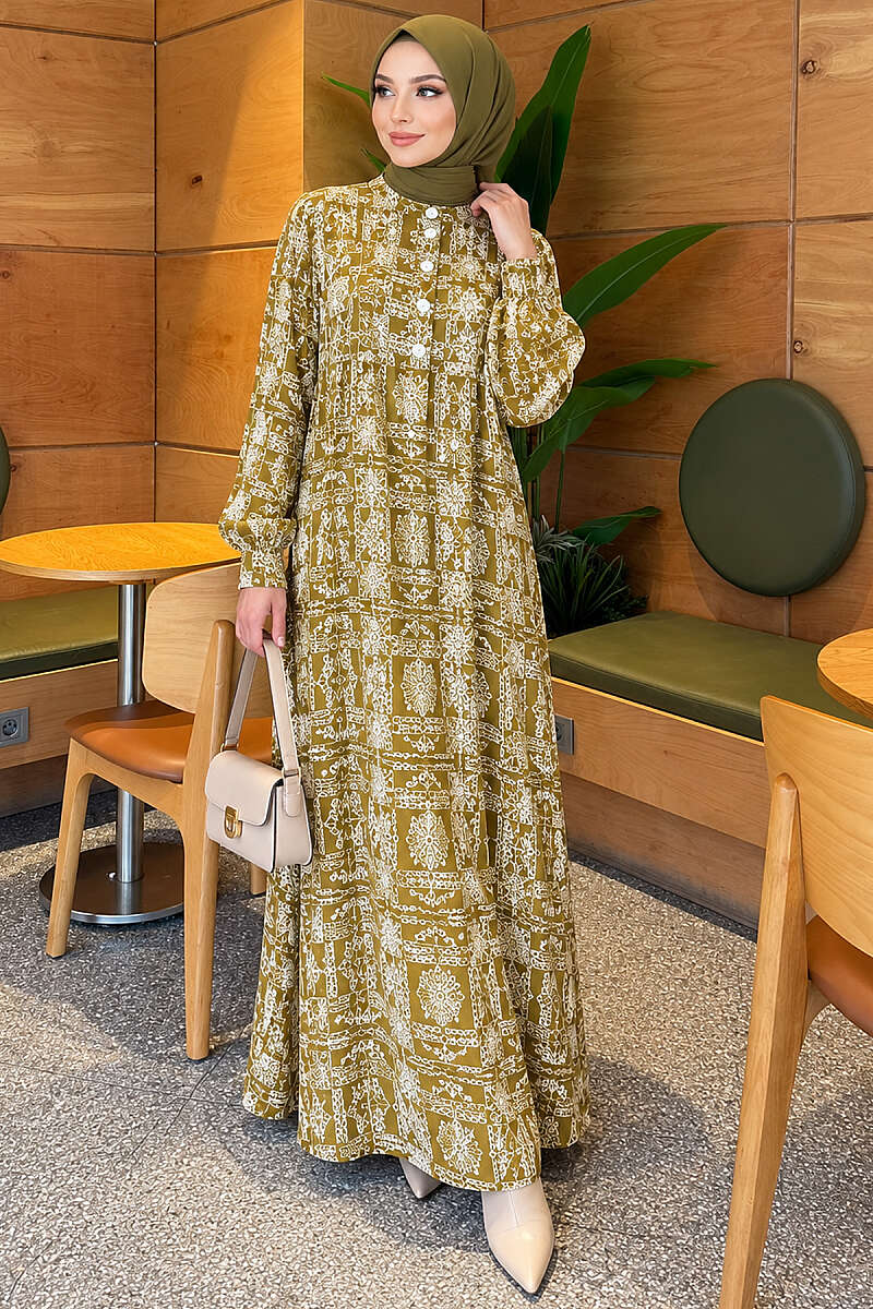 Half-Button Dress with Robe Detail - Olive