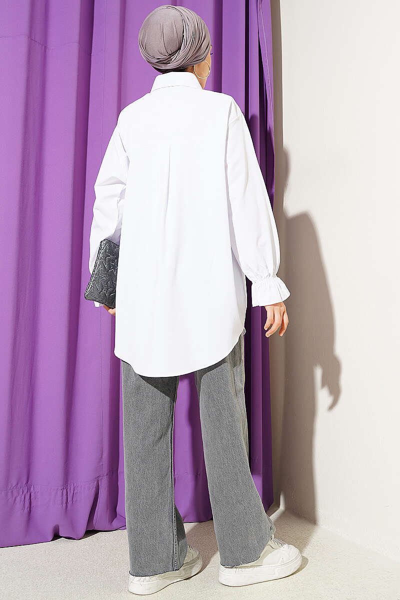 Poplin Shirt with Lace Yoke - White