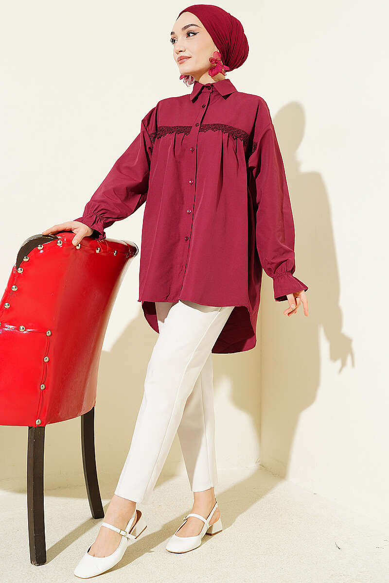 Poplin Shirt with Lace Yoke - Burgundy