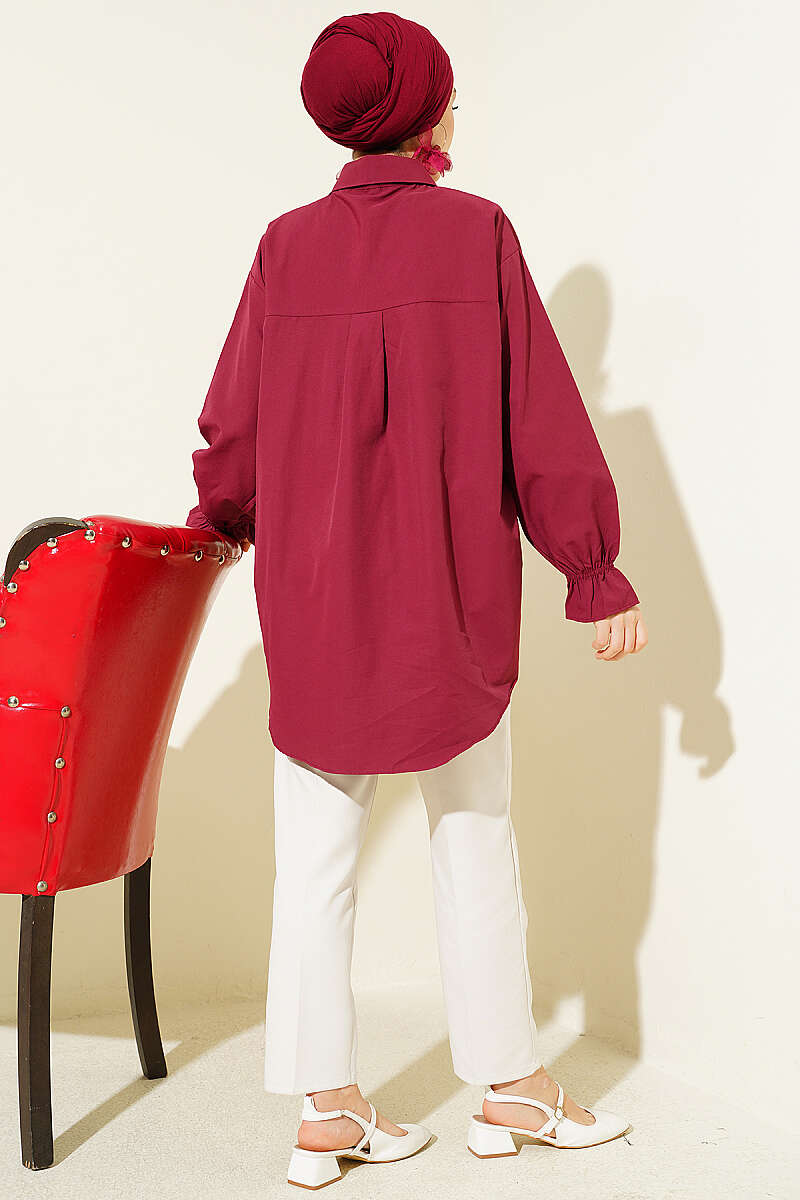 Poplin Shirt with Lace Yoke - Burgundy