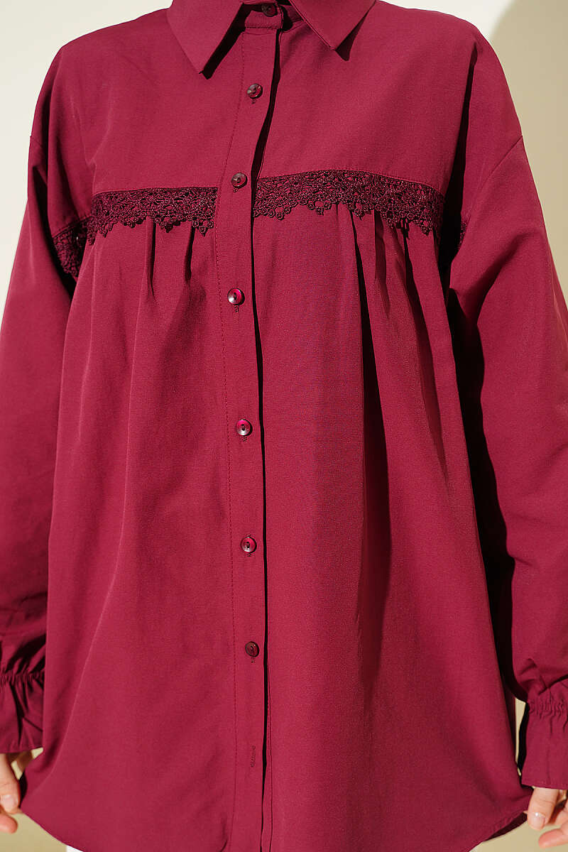 Poplin Shirt with Lace Yoke - Burgundy