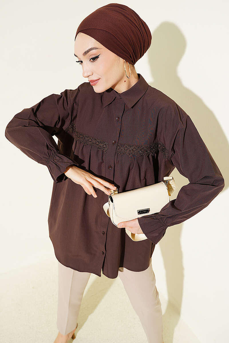 Poplin Shirt with Lace Yoke - Brown