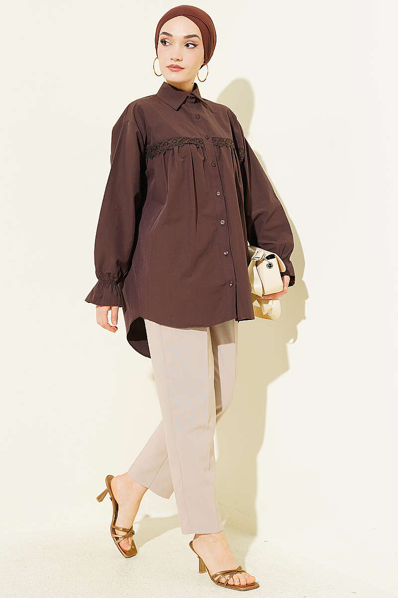 Poplin Shirt with Lace Yoke - Brown