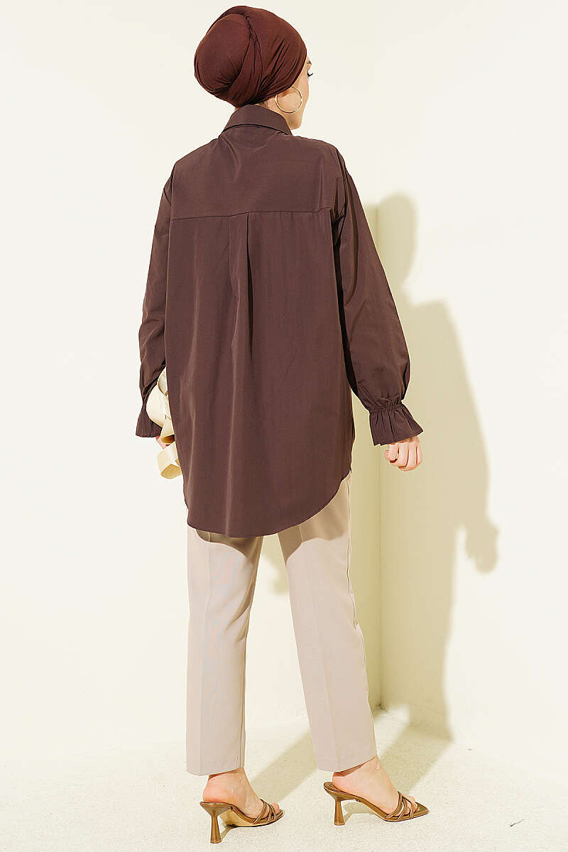 Poplin Shirt with Lace Yoke - Brown
