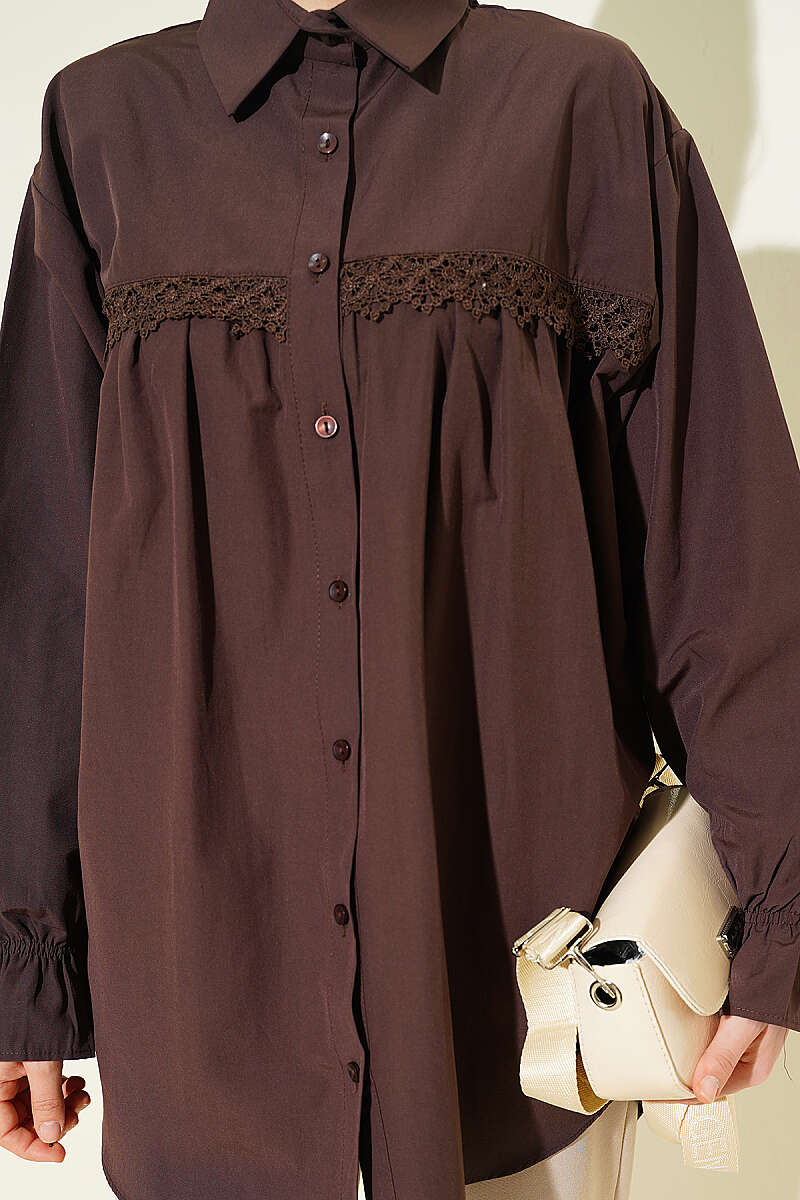 Poplin Shirt with Lace Yoke - Brown
