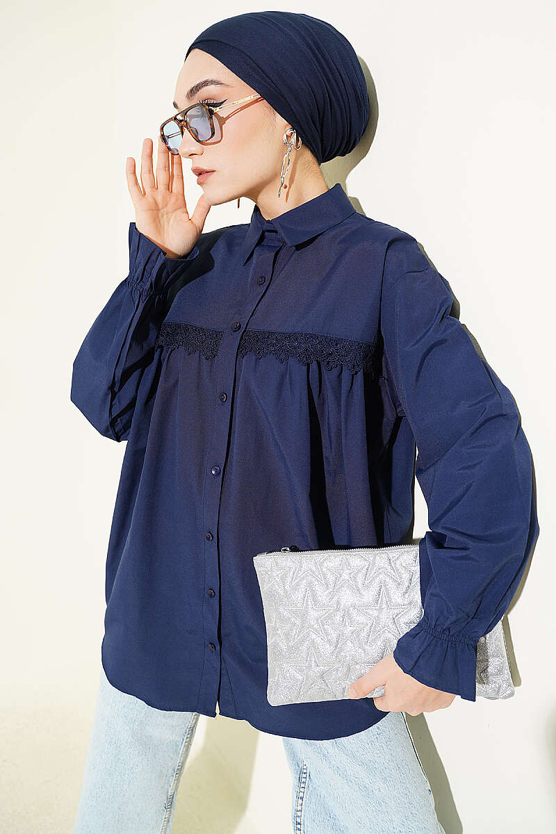 Poplin Shirt with Lace Yoke - Navy