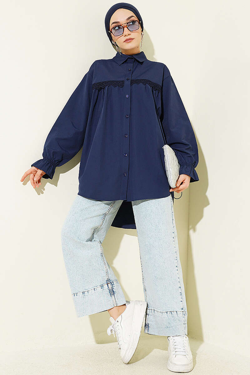 Poplin Shirt with Lace Yoke - Navy