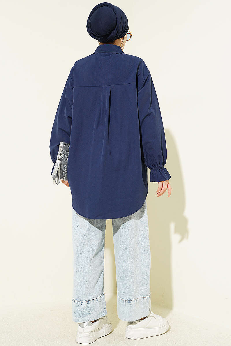 Poplin Shirt with Lace Yoke - Navy