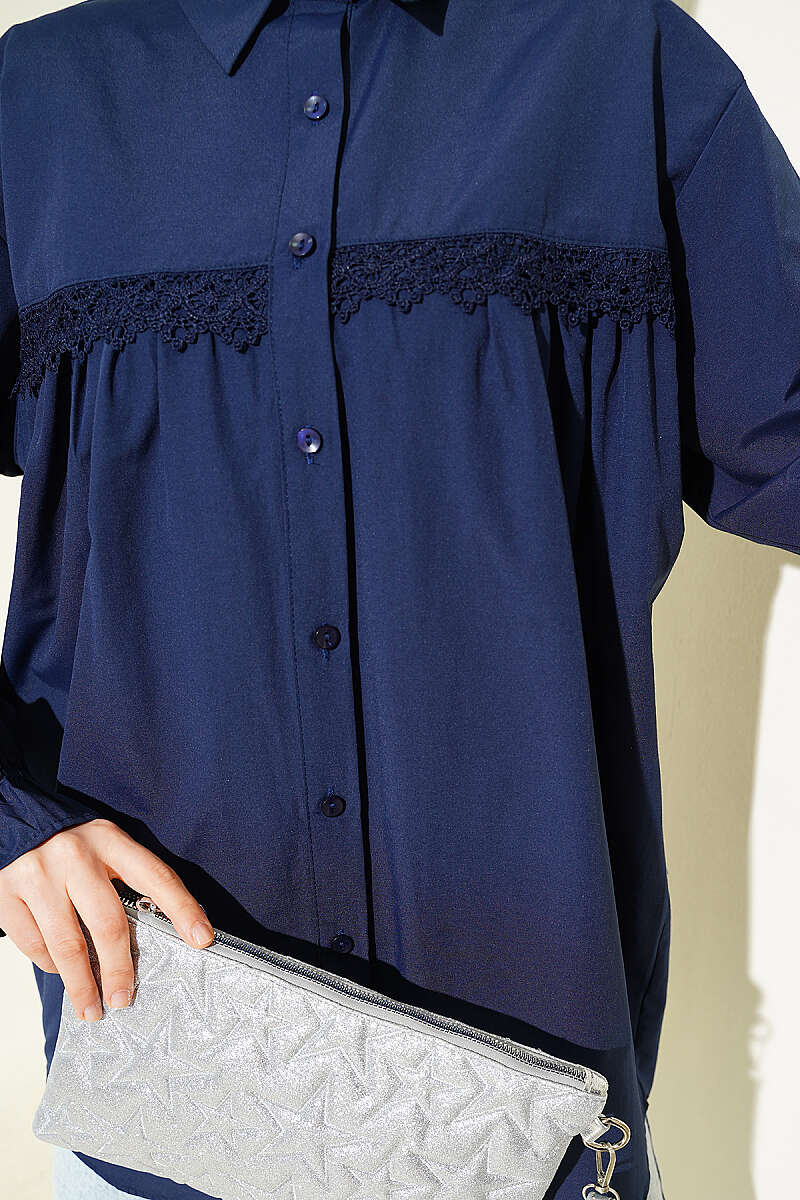 Poplin Shirt with Lace Yoke - Navy