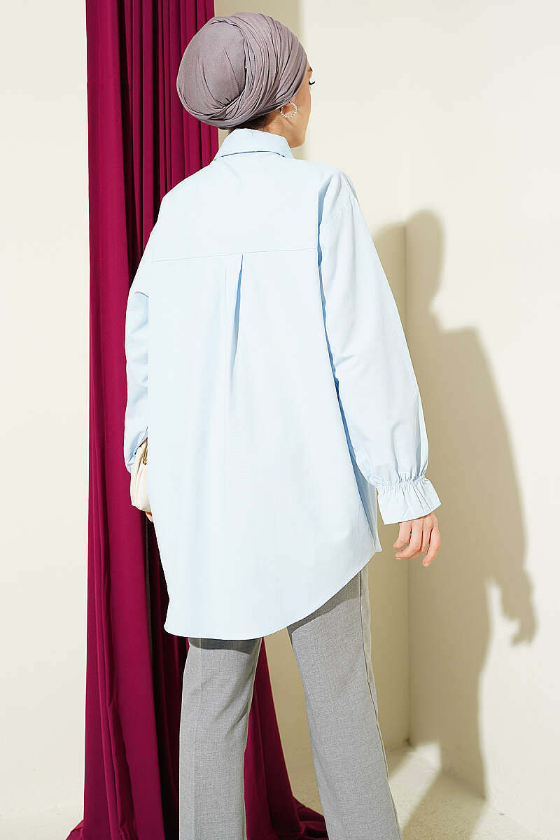 Poplin Shirt with Lace Yoke - Blue