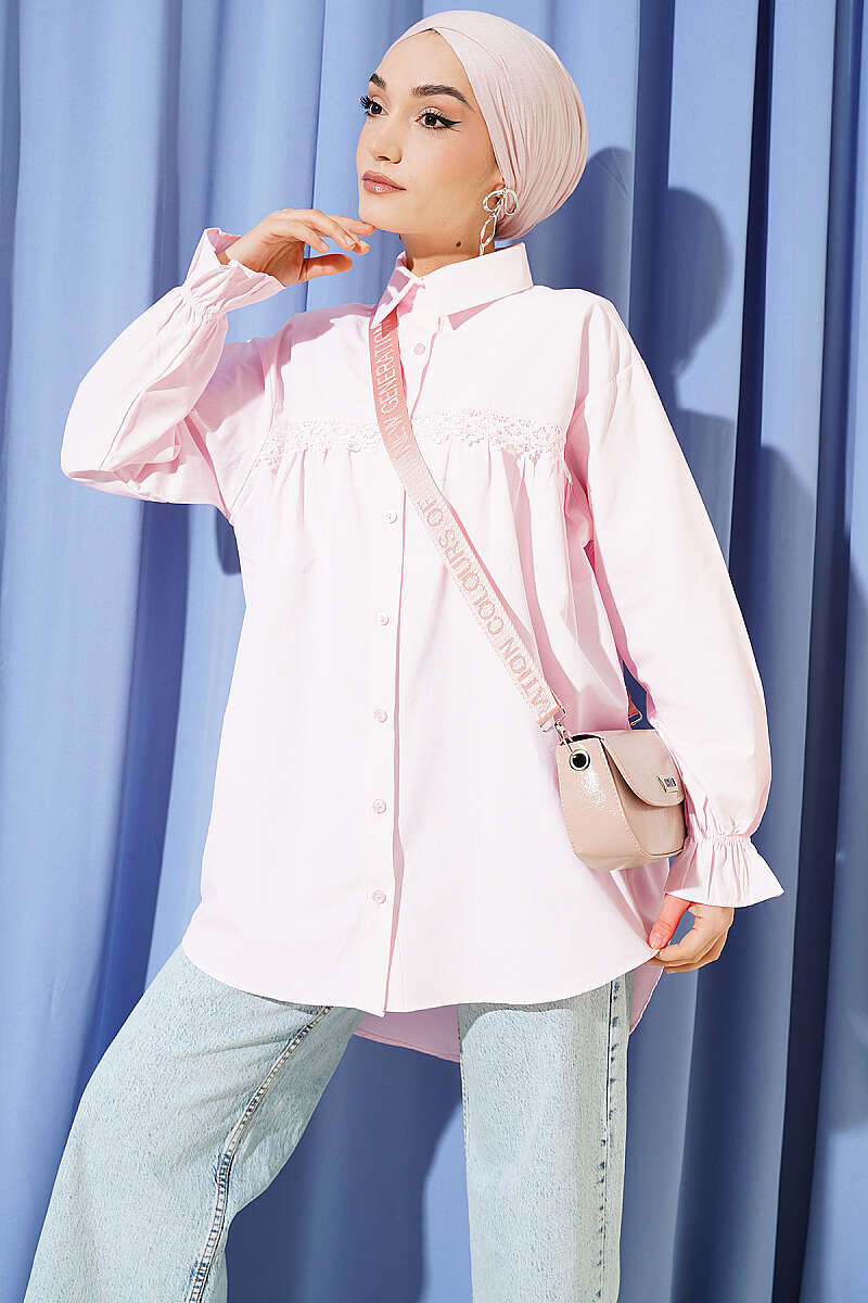 Poplin Shirt with Lace Yoke - Pink