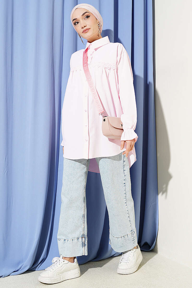 Poplin Shirt with Lace Yoke - Pink
