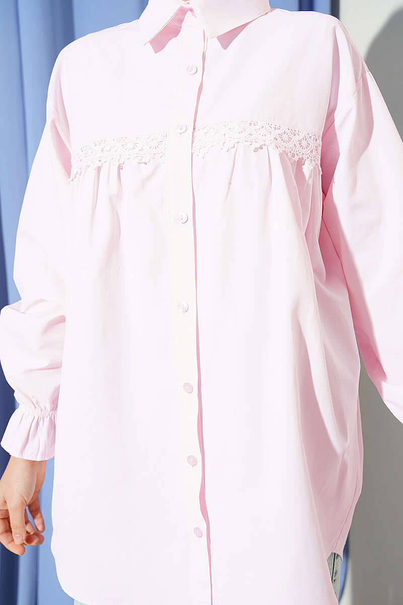 Poplin Shirt with Lace Yoke - Pink