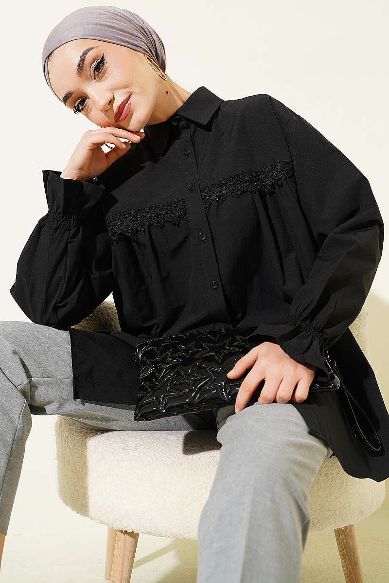 Poplin Shirt with Lace Yoke - Black