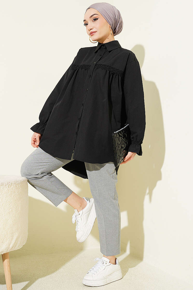 Poplin Shirt with Lace Yoke - Black