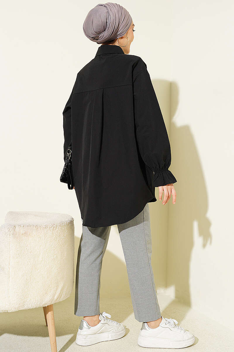 Poplin Shirt with Lace Yoke - Black