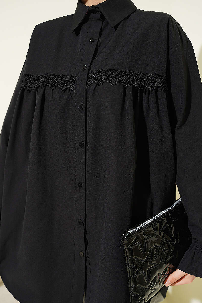 Poplin Shirt with Lace Yoke - Black