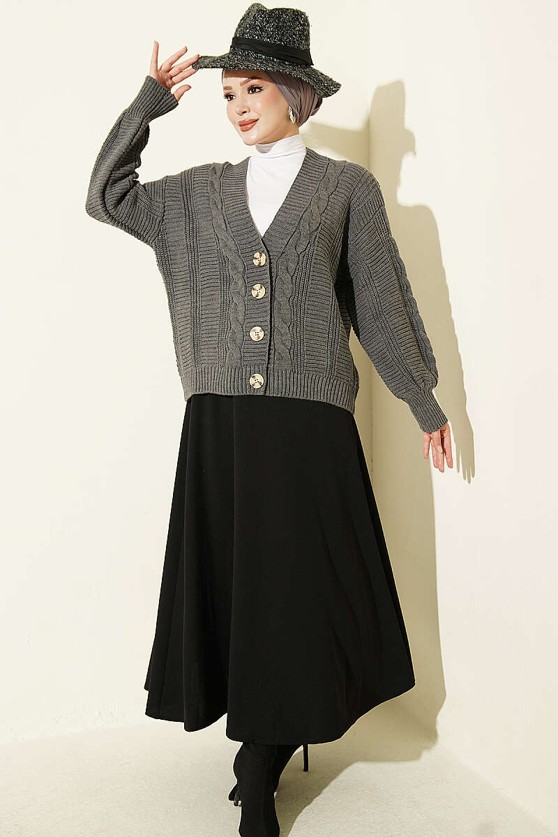 Short Cable-Knit Button Cardigan - Smoke Grey
