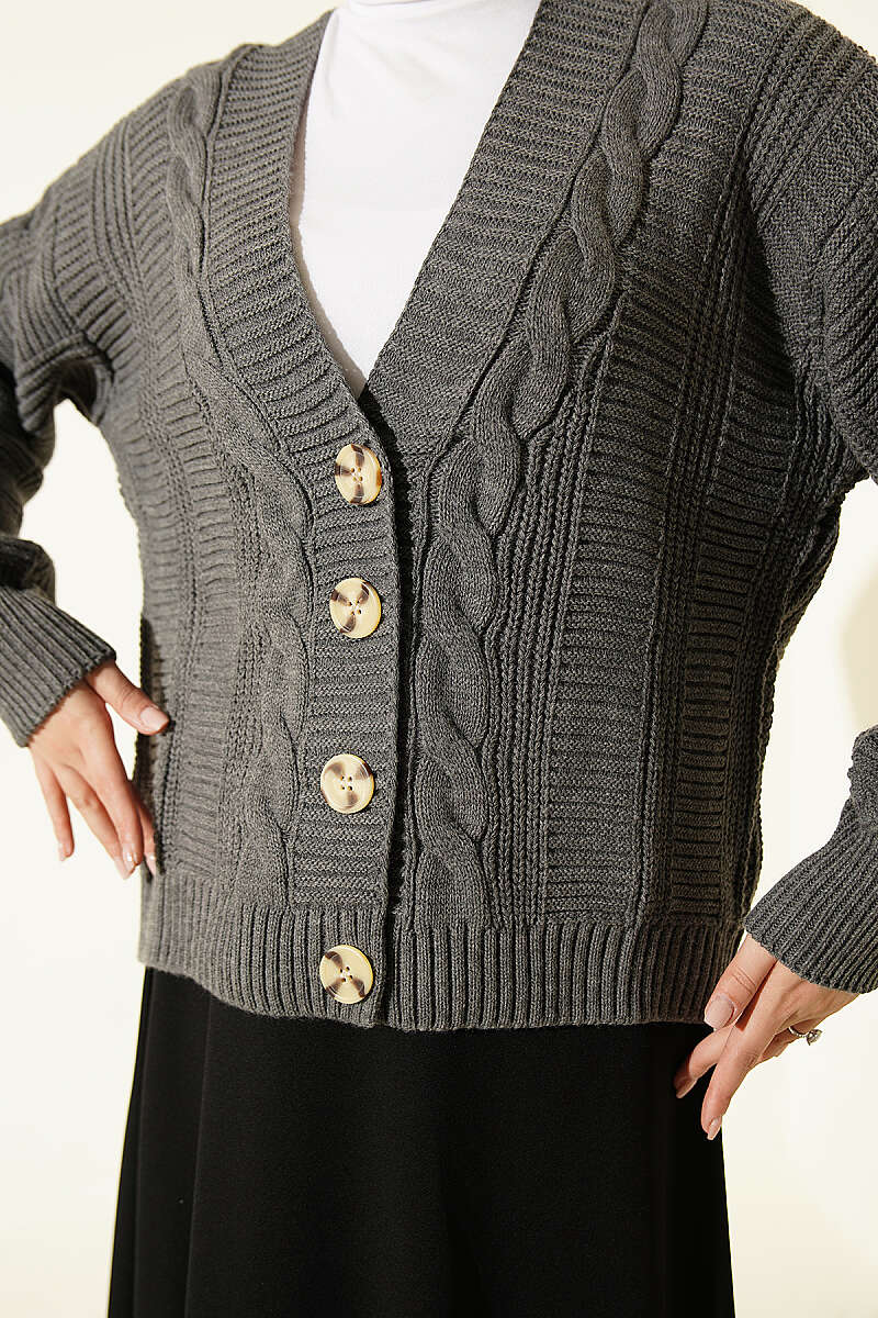 Short Cable-Knit Button Cardigan - Smoke Grey