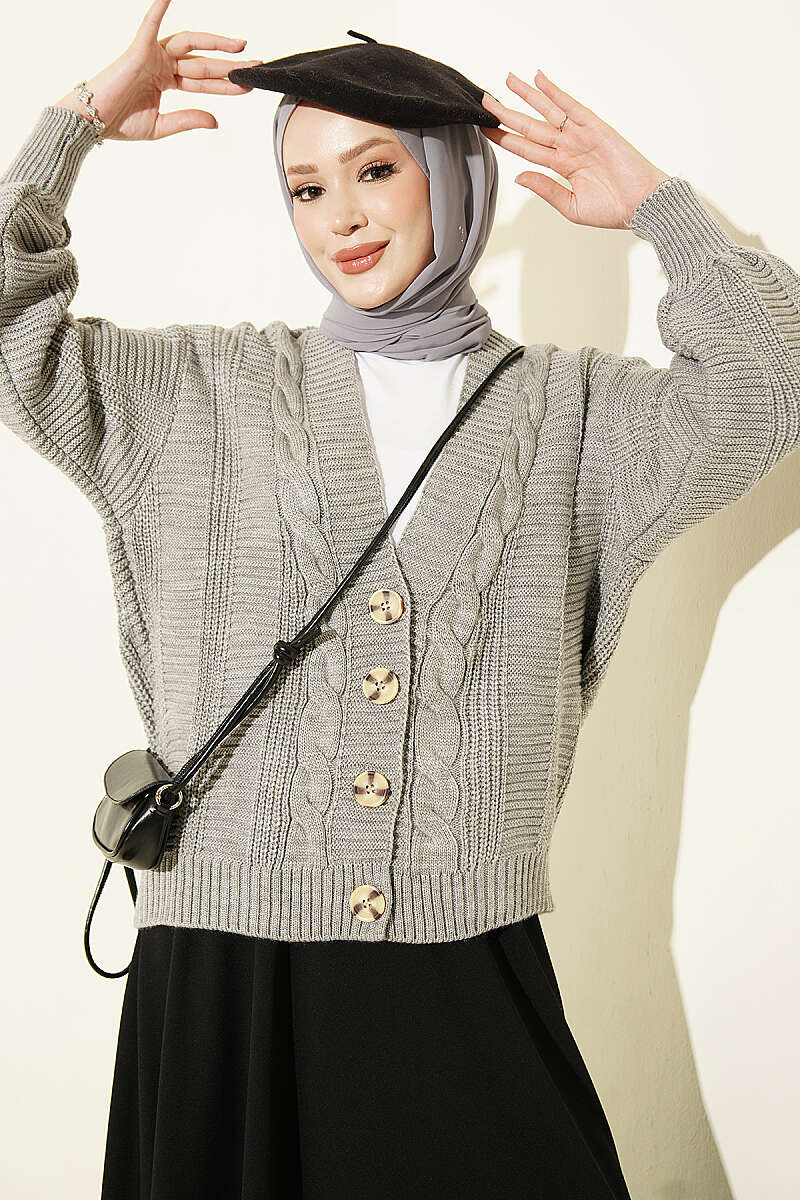 Short Cable-Knit Button Cardigan - Grey