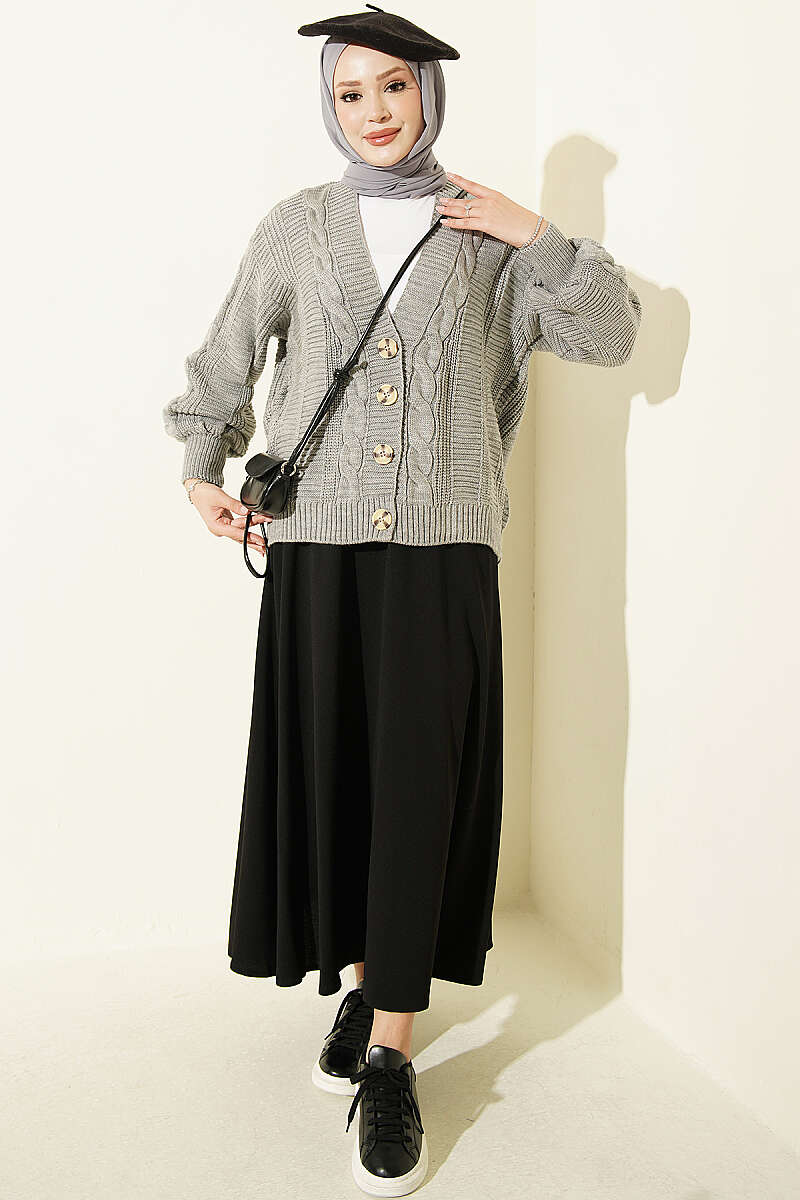 Short Cable-Knit Button Cardigan - Grey