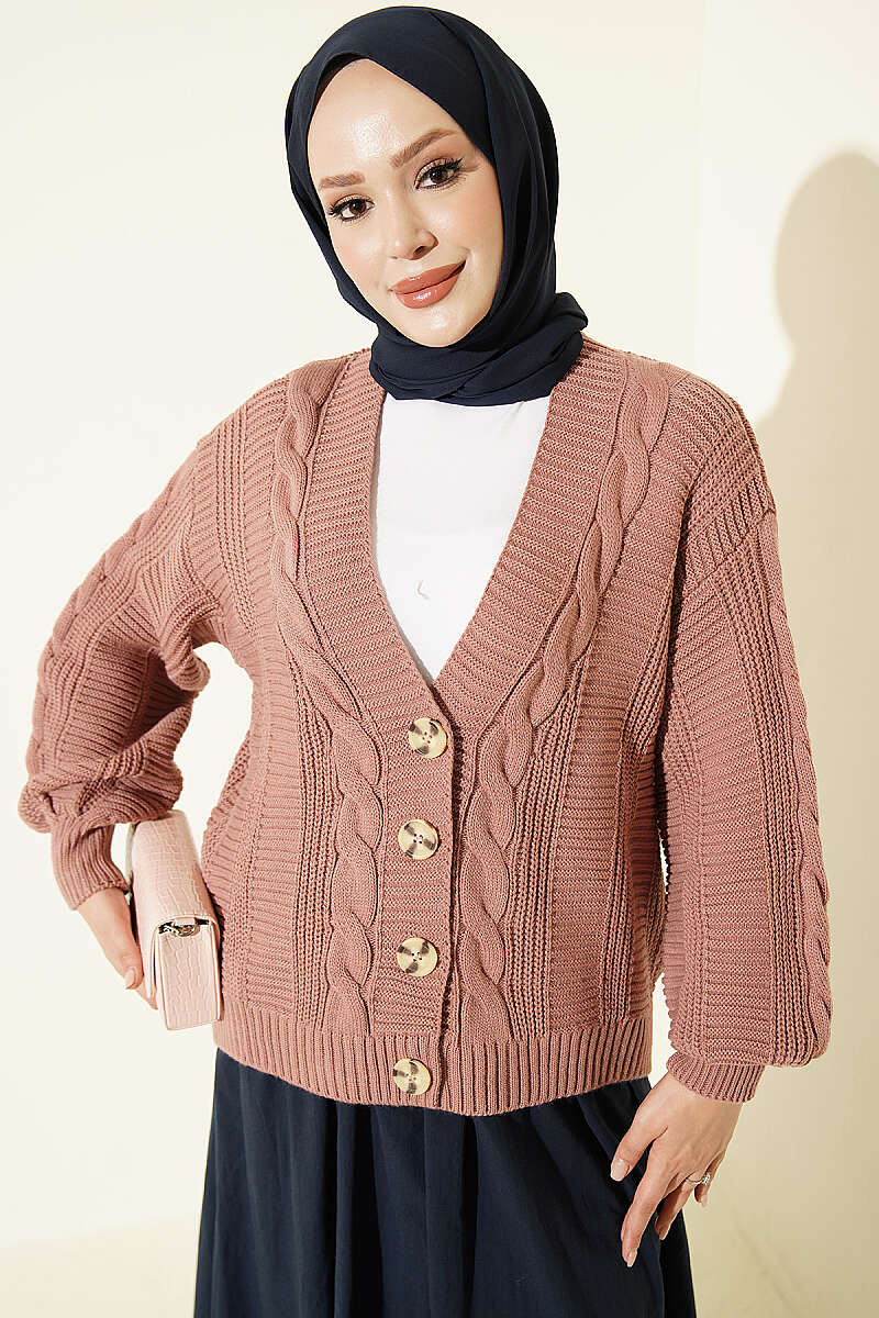 Short Cable-Knit Button Cardigan - Dusty Rose