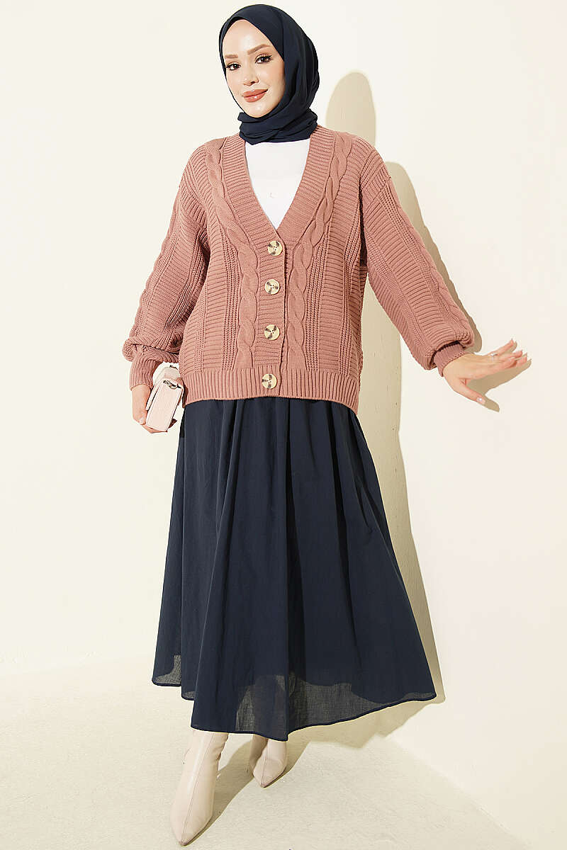 Short Cable-Knit Button Cardigan - Dusty Rose