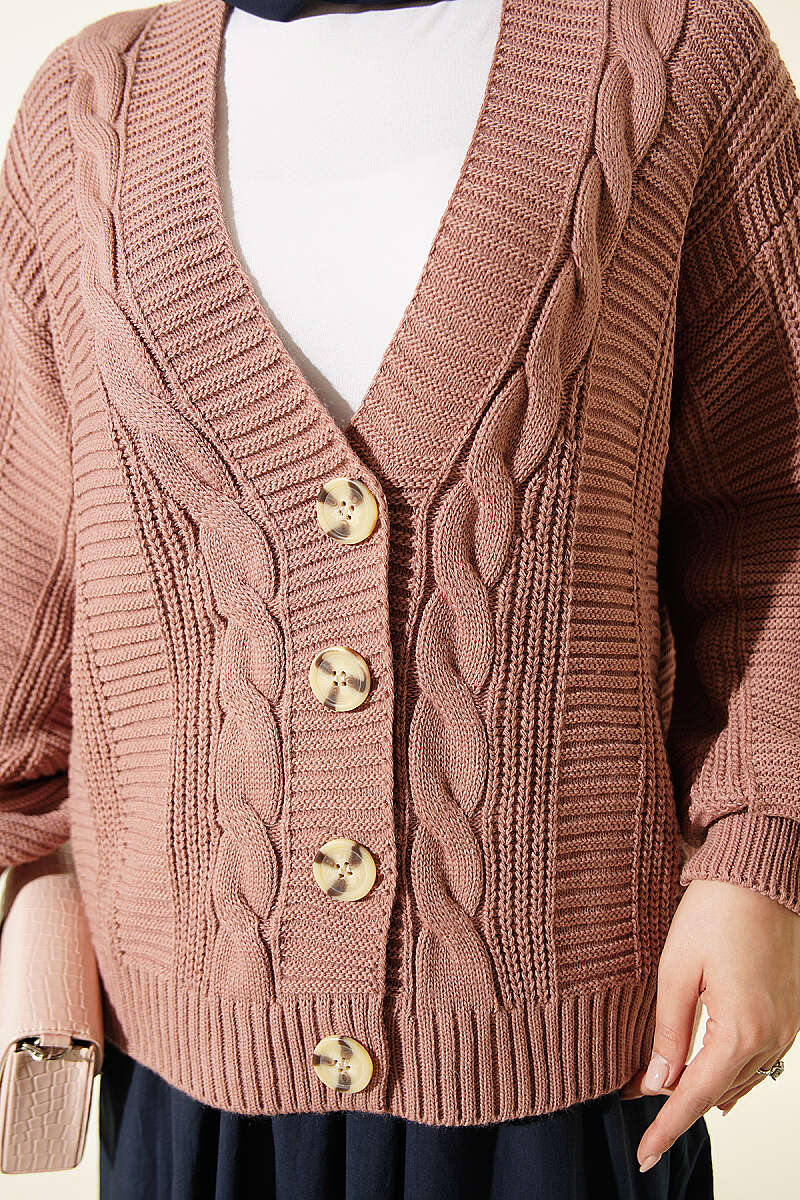 Short Cable-Knit Button Cardigan - Dusty Rose