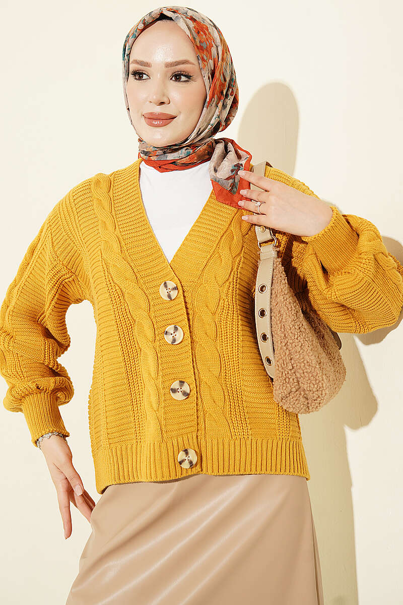 Short Cable-Knit Button Cardigan - Mustard