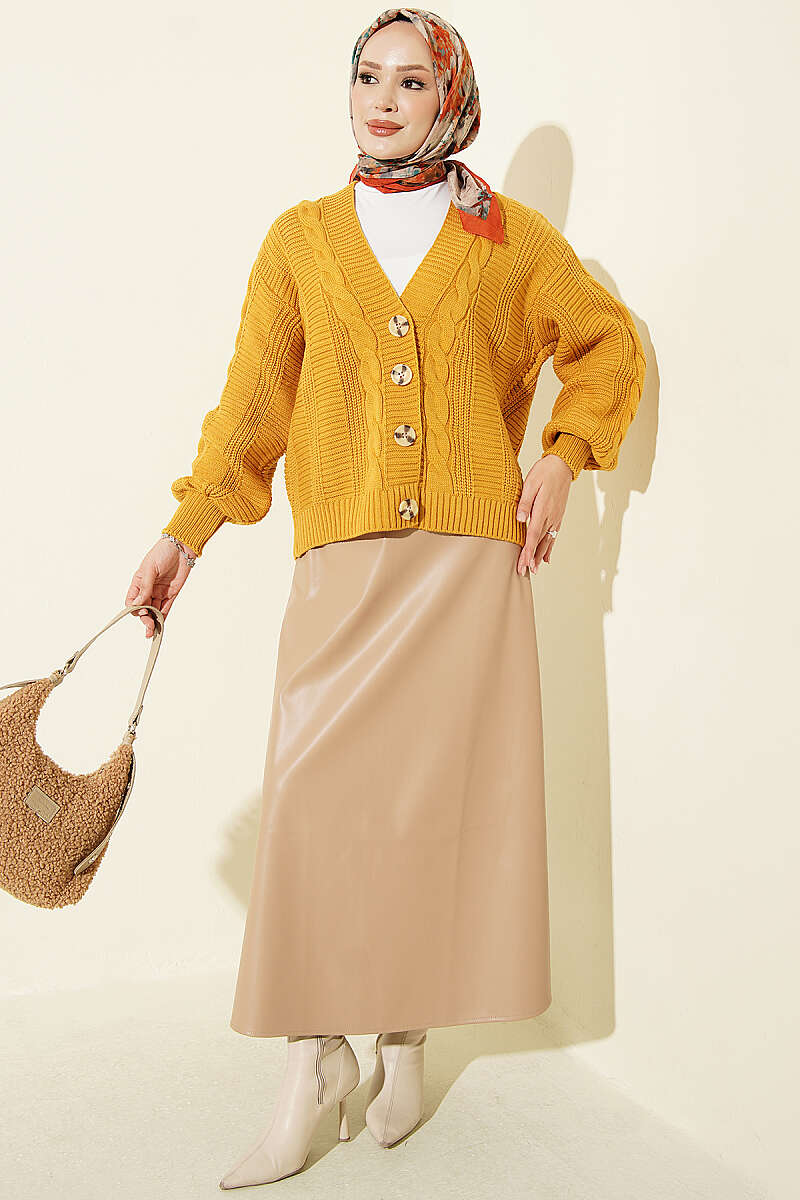 Short Cable-Knit Button Cardigan - Mustard