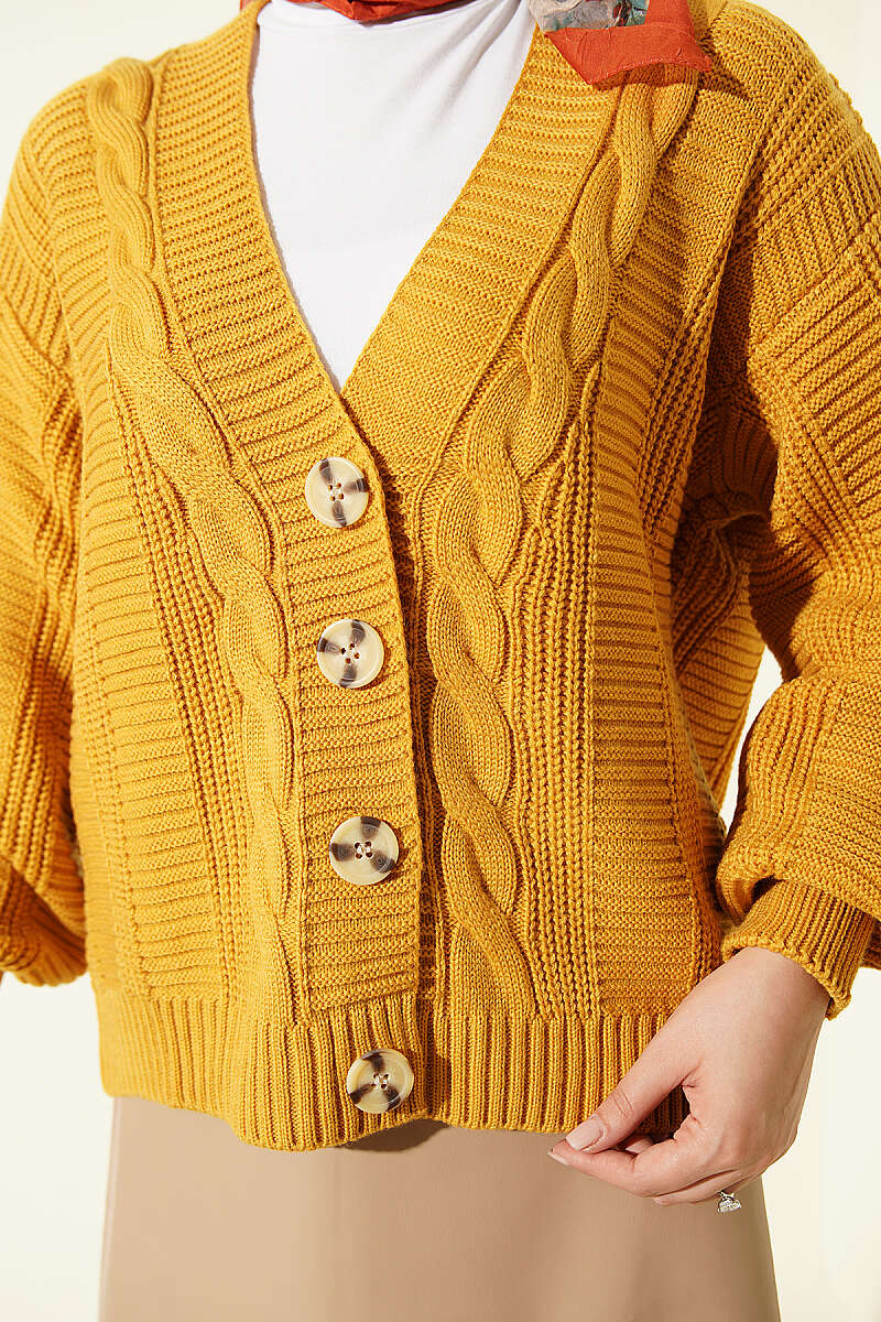 Short Cable-Knit Button Cardigan - Mustard