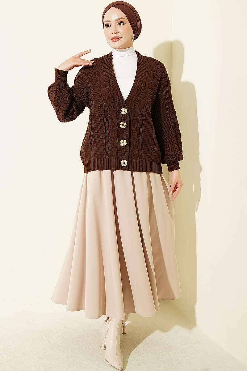 Short Cable-Knit Button Cardigan - Brown